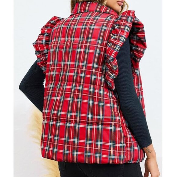 NEW Red Plaid Puffer Ruffle Sleeveless Lightweight Vest XXL - Picture 2 of 11